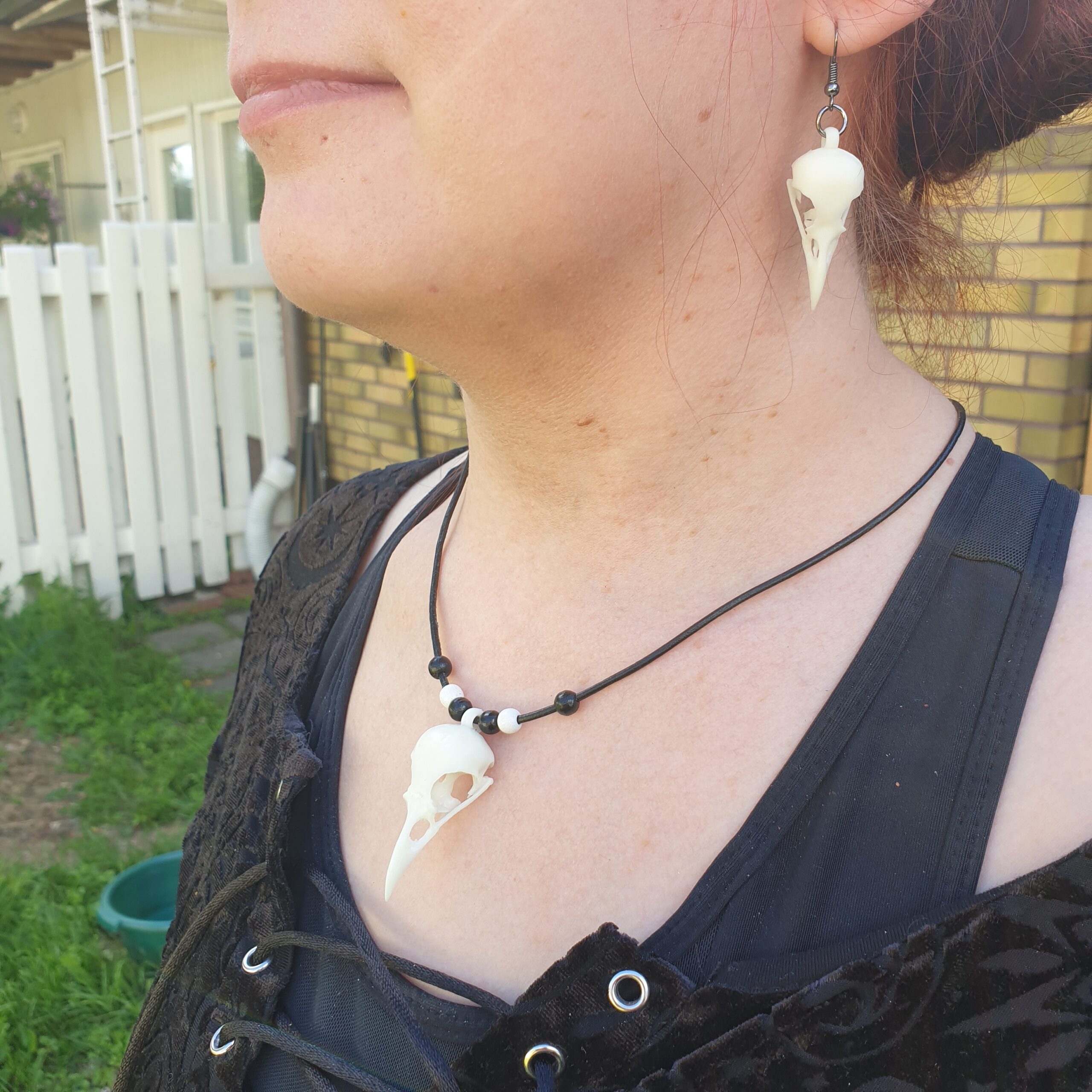 Raven Skull Necklace and Earring- Set White - Image 4