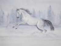 Hevonen hyppää lumisessa maastossa, hempeä akvarellimaalaus
