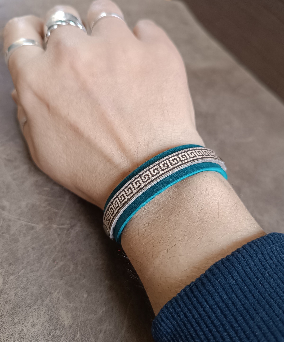 Blue Meander Greek Key Leather Bracelet