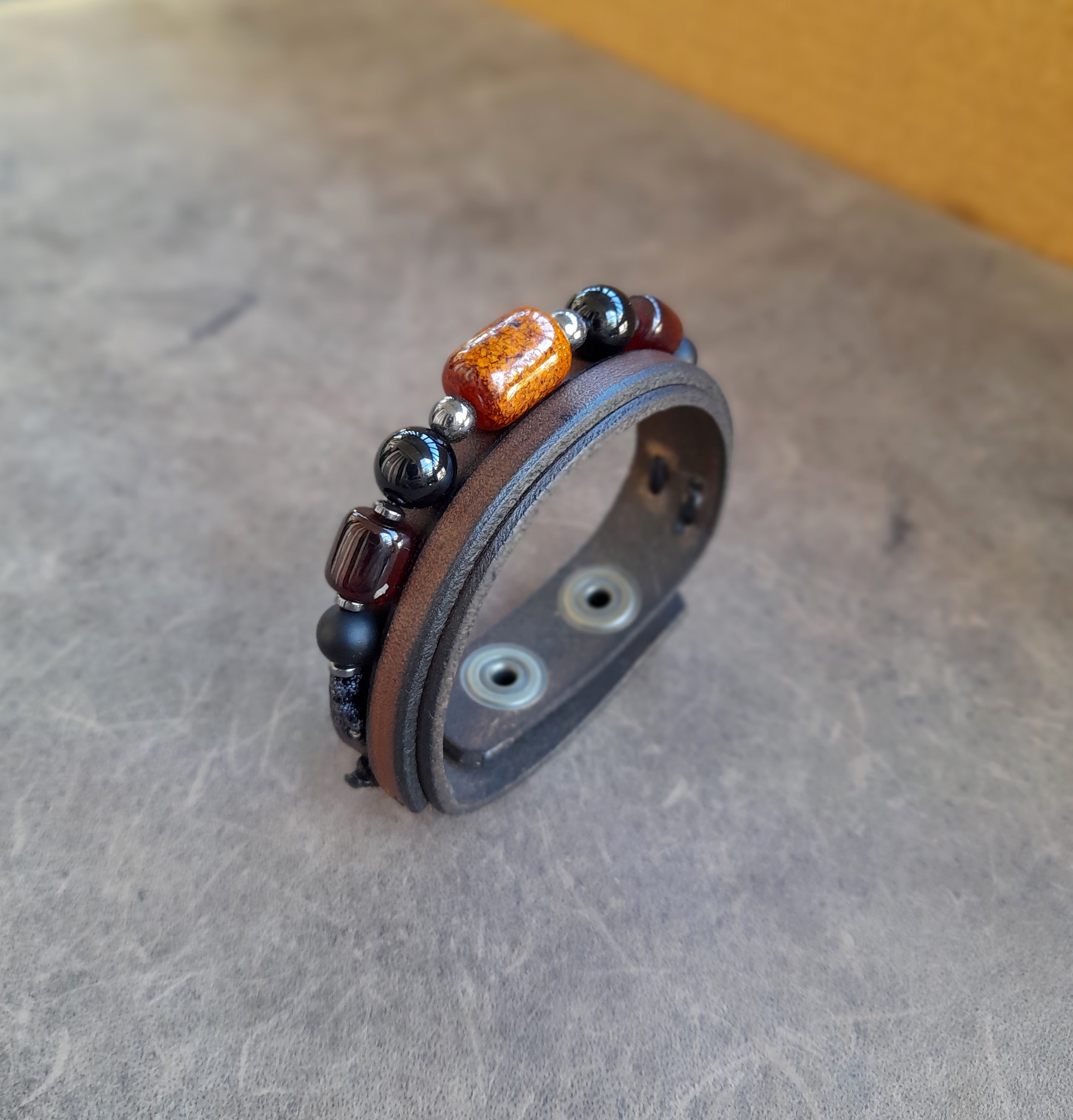 Amber and Onyx Beaded Leather Bracelet for Men