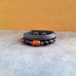 Amber and Onyx Beaded Leather Bracelet for Men