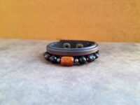 Amber and Onyx Beaded Leather Bracelet for Men