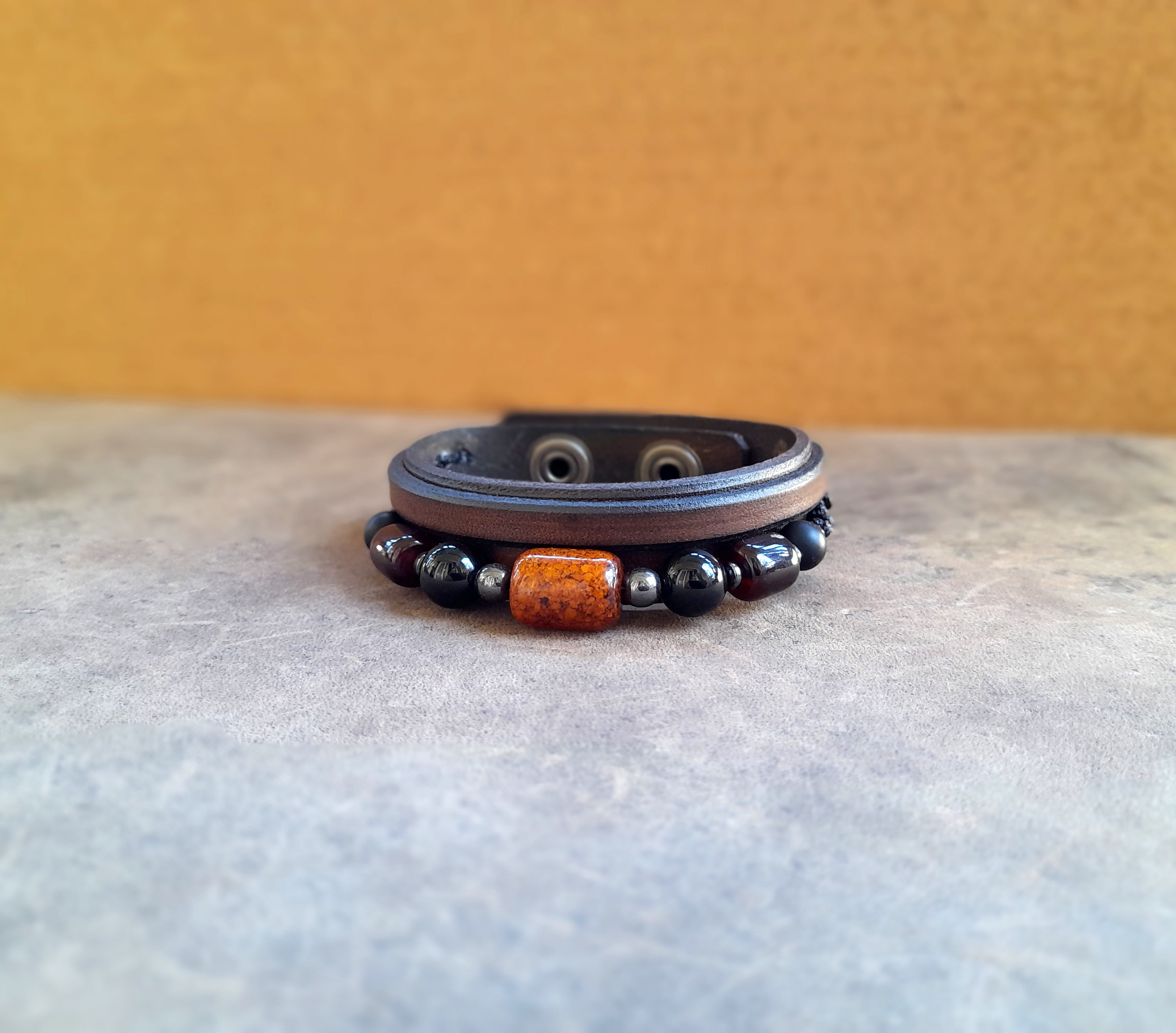 Amber and Onyx Beaded Leather Bracelet for Men