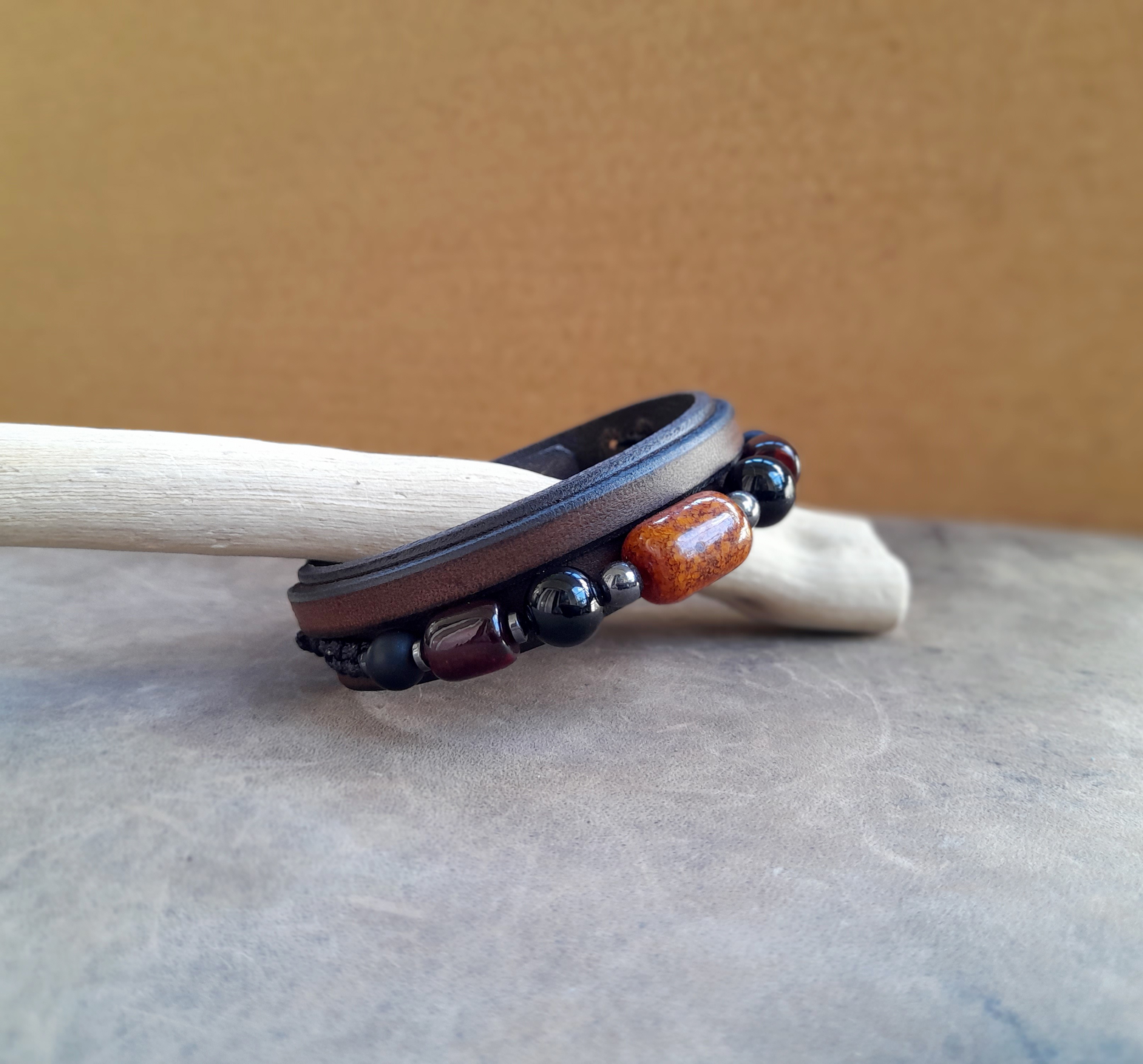 Amber and Onyx Beaded Leather Bracelet for Men