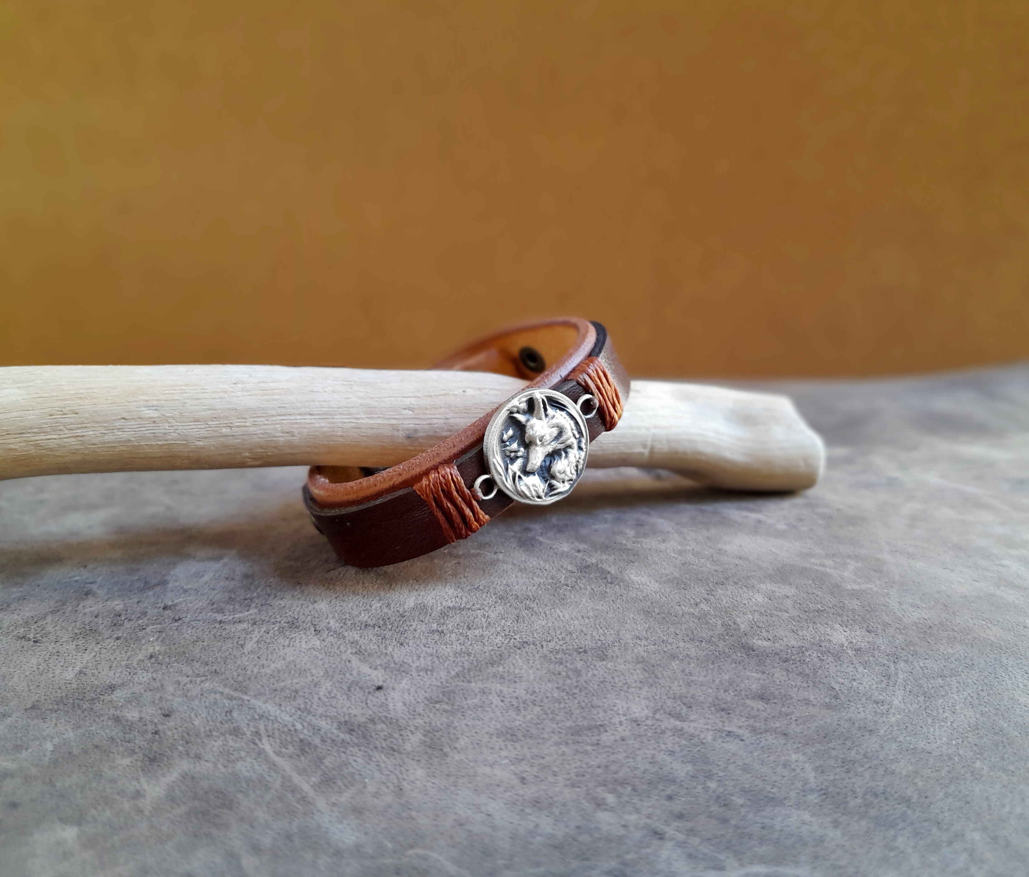 Brown Leather Cuff Bracelet for Women, featuring a handmade oxidized brass forest fox pendant.