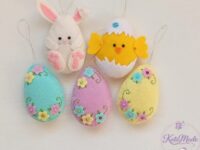 Handmade Felt Easter Decorations, Set of 5 Embroidered Ornaments, Bunny Chick and Eggs, Spring Home Decor, Hand Stitched Easter Gift