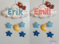 Personalized Cloud Night Light with Name, Custom Felt Baby Room Decor, LED Name Sign for Nursery, Sleeping Bear Wall Hanging, New Baby Gift