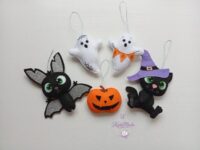 Felt Halloween Ornament Set: Cute Black Cat, Sparkly Bat, Ghost, Pumpkin Decor. Hand-Stitched Halloween Tree Garland, Spooky Nursery Gift