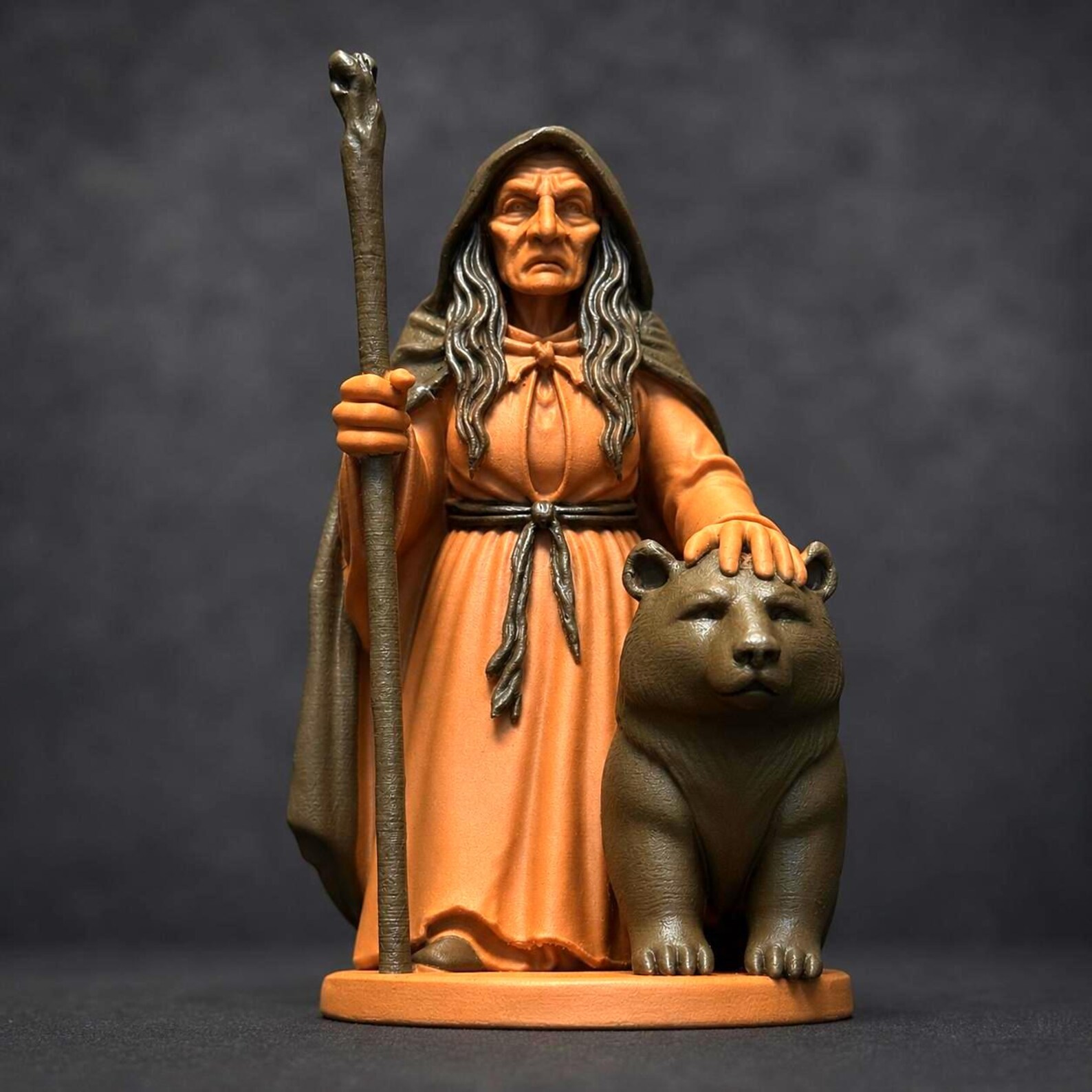 Cailleach Winter Goddess statue with bear, Celtic gothic shelf decor