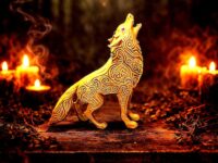 Golden Fenrir wolf statue with Celtic knot details and purple eye, handmade Norse pagan altar decor