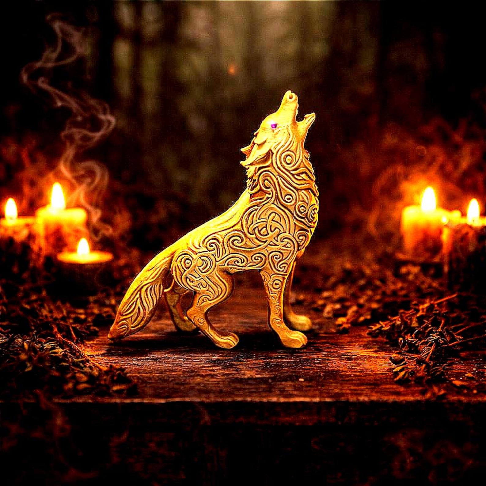 Golden Fenrir wolf statue with Celtic knot details and purple eye, handmade Norse pagan altar decor